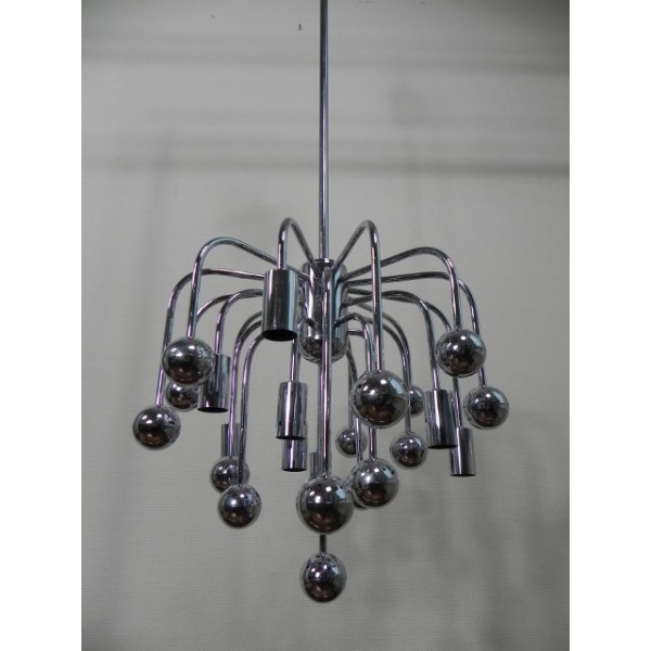 Vintage Sputnik lamp met 9 lichtpunten en 16 verchroomde bollen, hanglamp