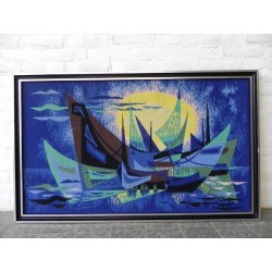 Geweven vintage schilderij met voorstelling van boten, getiteld: les barques