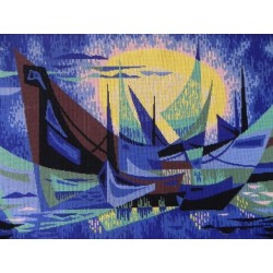 Geweven vintage schilderij met voorstelling van boten, getiteld: les barques