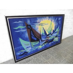 Geweven vintage schilderij met voorstelling van boten, getiteld: les barques