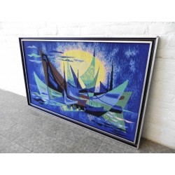Geweven vintage schilderij met voorstelling van boten, getiteld: les barques
