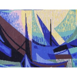 Geweven vintage schilderij met voorstelling van boten, getiteld: les barques