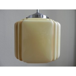 Art Deco hanging lamp with cube shaped beige globe, 1930s shade