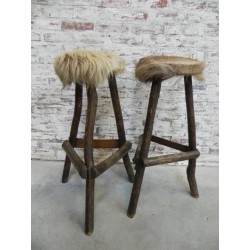 2 Vintage Bar Stools Covered With Cowhide, Cow Fur Bar Stools