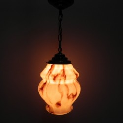Art Deco hanging lamp with marbled salmon-coloured shade, 1930s burning