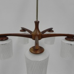 Vintage hanglamp met 5 glazen kappen, jaren 60 detail