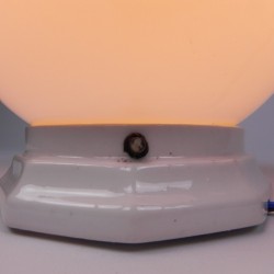 Art Deco ceiling lamp with round glass ball and porcelain fixture, 1930s detail