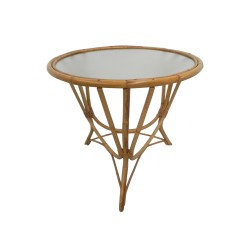 Rotan , bamboe salontafel met ronde glasplaat, jaren '50