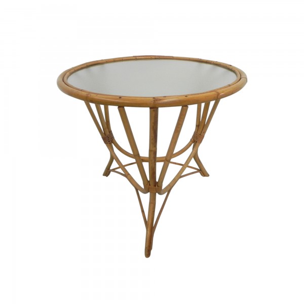 Rotan , bamboe salontafel met ronde glasplaat, jaren '50