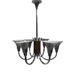 Grote Art Deco hanglamp met 6 verchroomde kelken, jaren 30