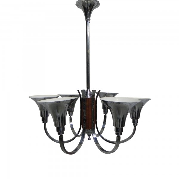 Large Art Deco hanging lamp with 6 chromed vials, 1930s