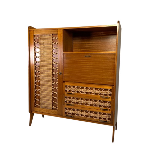 Vintage kast, secretaire in rotan en hout, jaren 60
