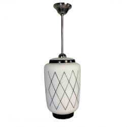 Vintage pendant lamp with opaline shade and black decoration, 1950s