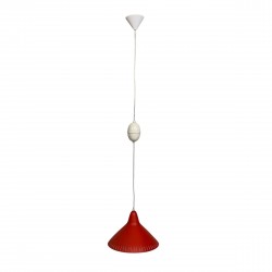 Hala pendant lamp by H. Busquet with red shade and winding system, 1950s long