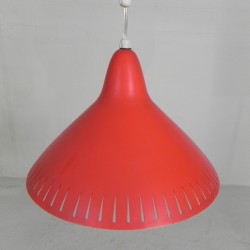 Hala pendant lamp by H. Busquet with red shade and winding system, 1950s shade