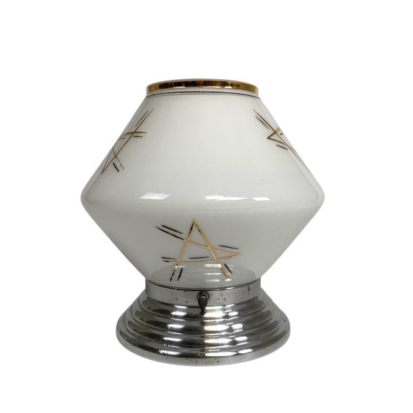 Art Deco plafondlamp met glazen kap met gouden decoraties, jaren 30