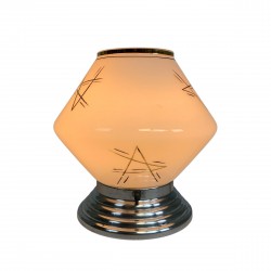 Art Deco plafondlamp met glazen kap met gouden decoraties, jaren 30 aan