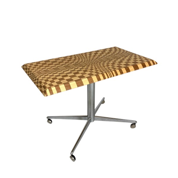 Coffee table constructed from hundreds of wooden blocks in a psychedelic pattern, 90s