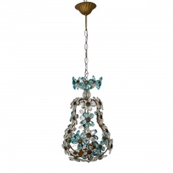 Pendant lamp decorated with 42 flowers in blue and clear crystal, Maison Bagues style, 1930s
