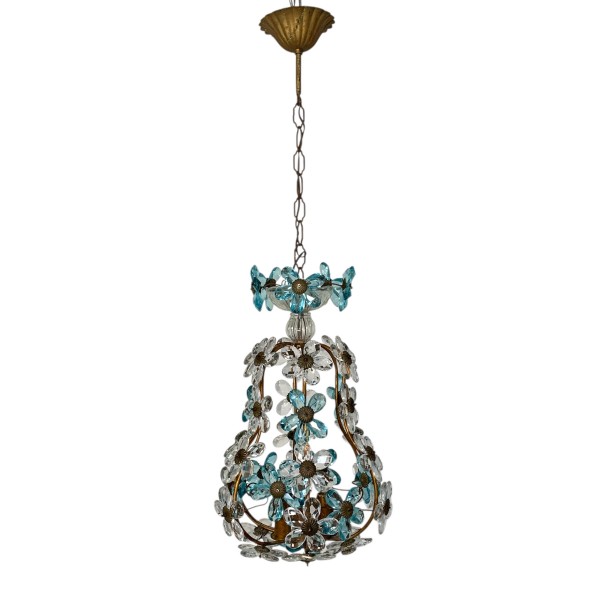 Pendant lamp decorated with 42 flowers in blue and clear crystal, Maison Bagues style, 1930s