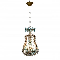 Pendant lamp decorated with 42 flowers in blue and clear crystal, Maison Bagues style, 1930s burning